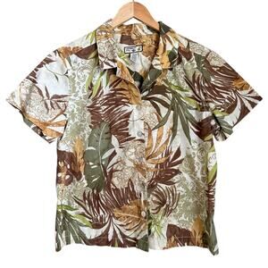 Caribbean Joe Large Hawaiian Shirt Tropical Palm Print Brown Green Cotton Blend